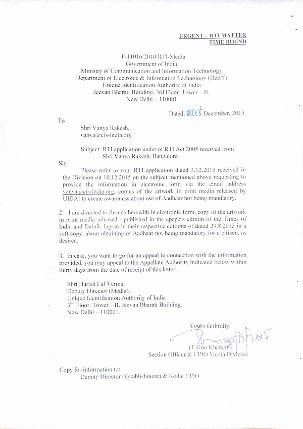 Reply to RTI Application under RTI Act of 2005 from Vanya Rakesh — The ...