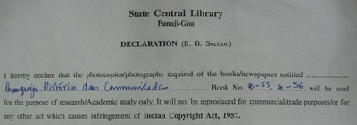 Form of declaration assuring proper use of photocopied material from the Central Library, Panjim.