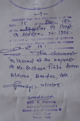 Stamp of verification on documents issued by the Directorate of Archaeology and Archives of Goa, Panjim